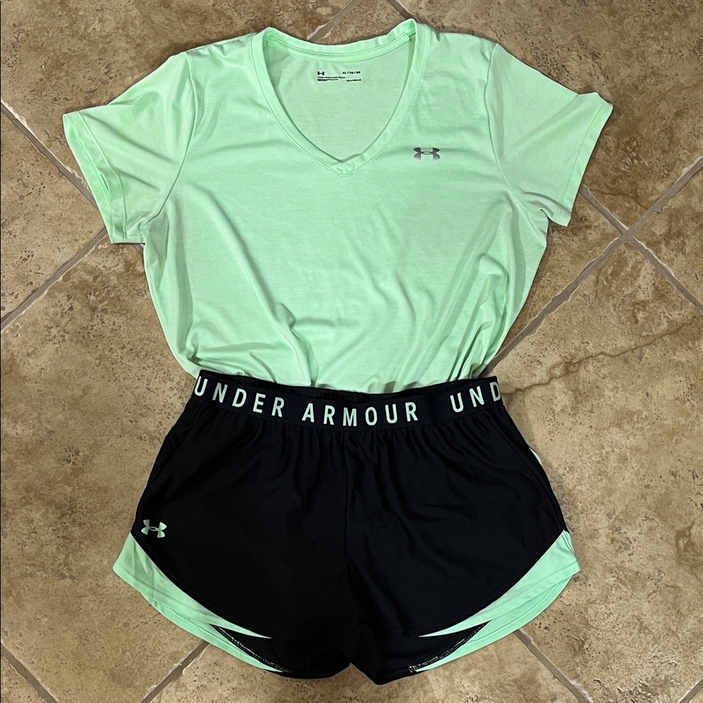 Under Armour Mint Green V-Neck Tee and Black w/ Mint Green Shorts